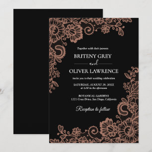 Invitation Élégant mariage en dentelle florale noire et or ro