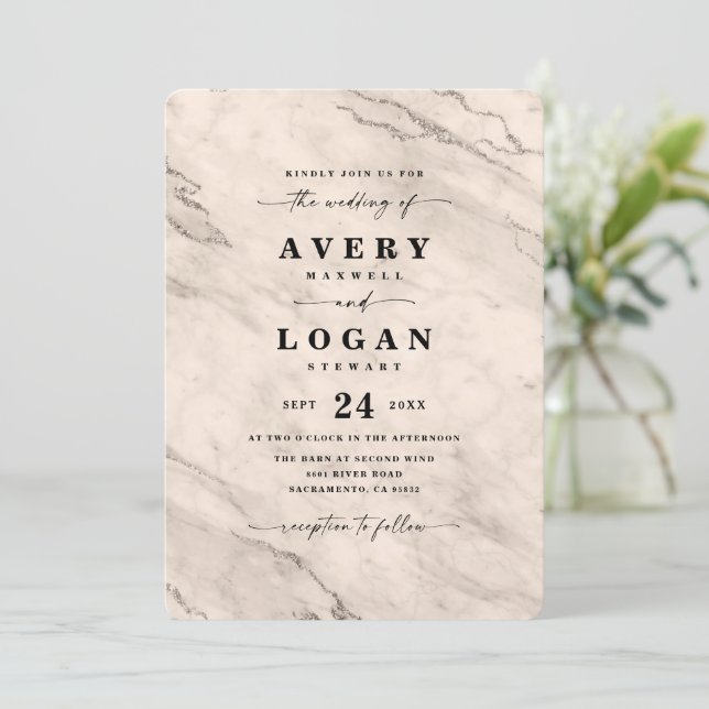 Invitation Elégant Mariage en marbre métal or Champagne (Debout devant)