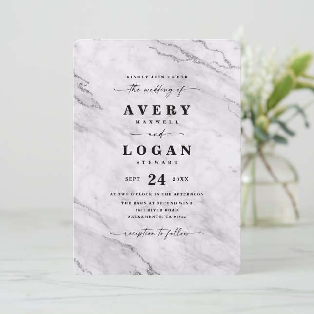 Invitation Elégant Mariage en marbre métallique blanc et arge (Debout devant)