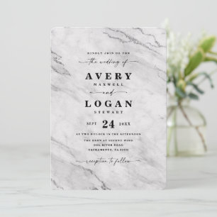 Invitation Elégant Mariage en marbre métallique blanc et arge