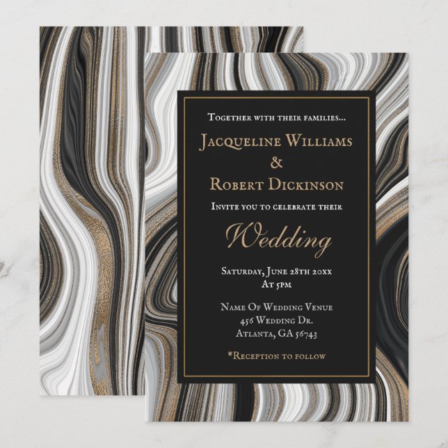 Invitation Élégant Mariage en marbre noir et or (Devant / Derrière)