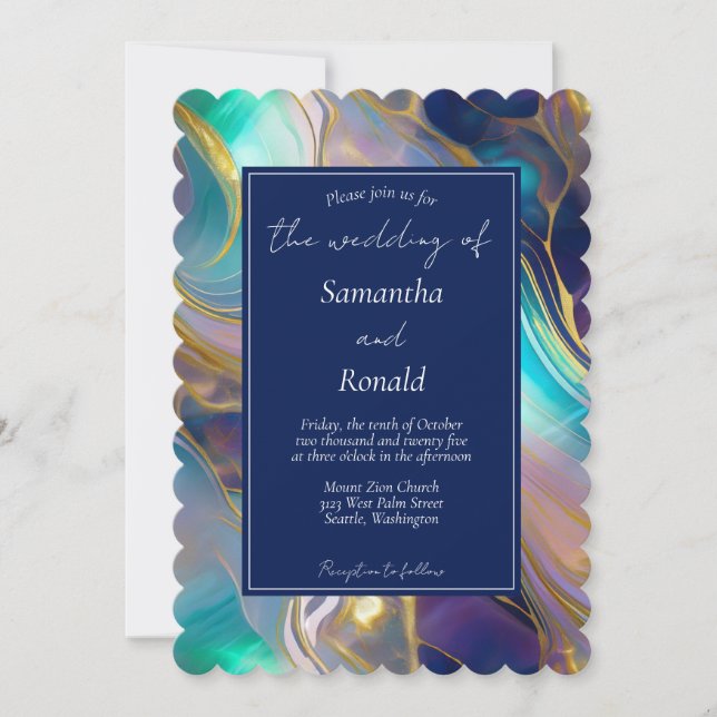 Invitation Élégant Mariage en pierre optique Faux Gold et Blu (Devant)