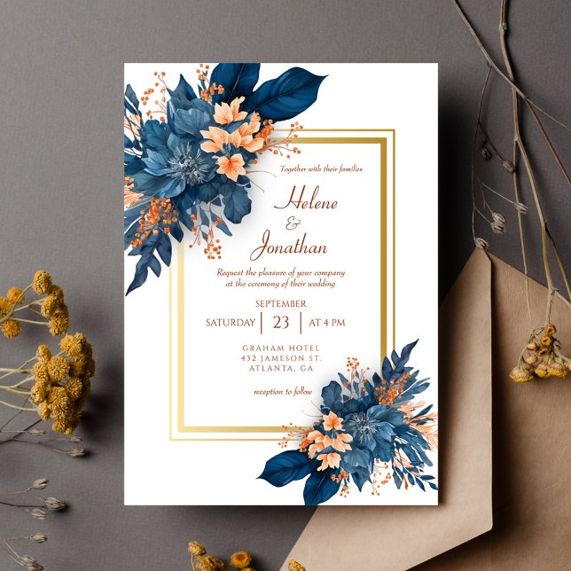 Invitation Élégant Mariage en terre cuite bleu marine classiq (Elegant Classic Navy Blue Terracotta Wedding Invitation)