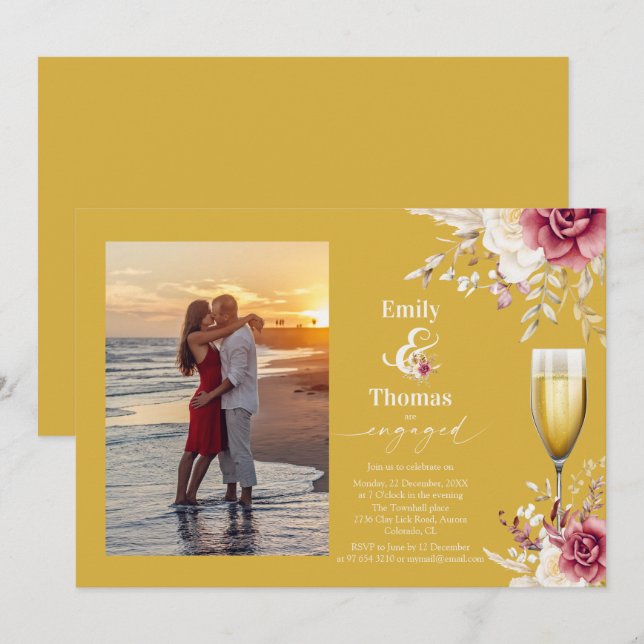 Invitation élégant mariage en verre de champagane à fleurs fi (Devant / Derrière)