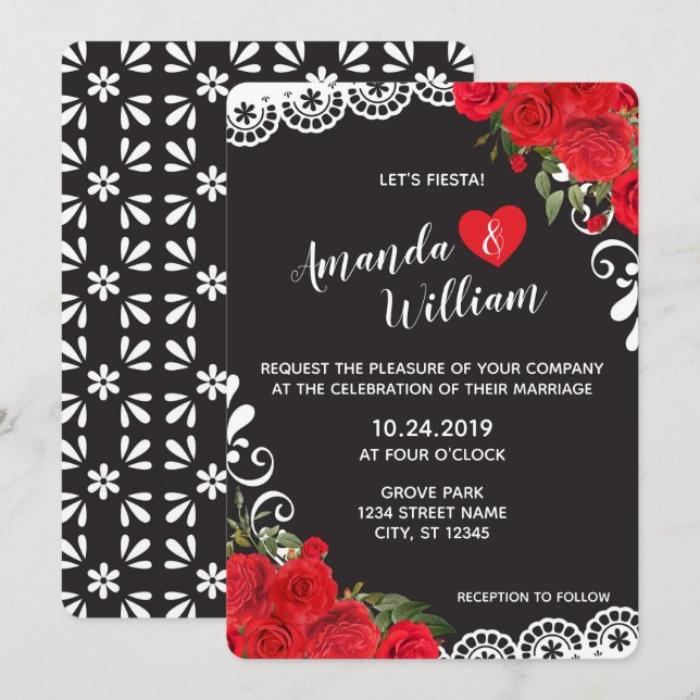 Invitation Élégant Mariage espagnol rouge Rose & dentelle (Devant / Derrière)