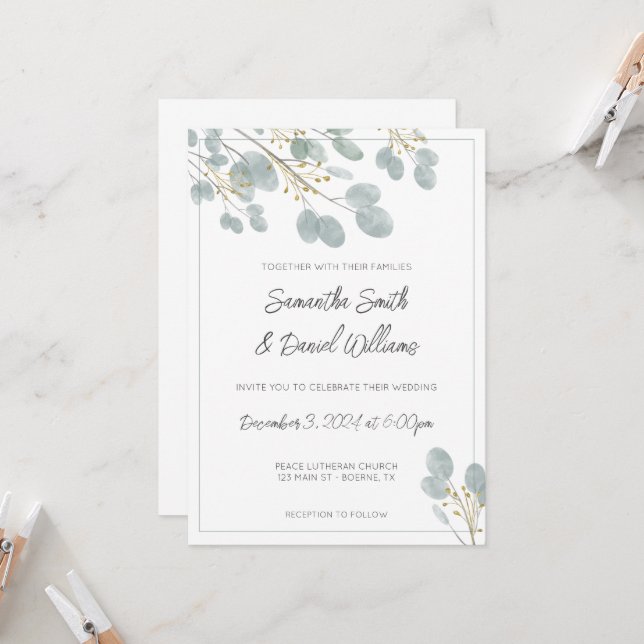 Invitation Elégant Mariage Eucalyptus aquarelle (Devant/Arrière en situation)