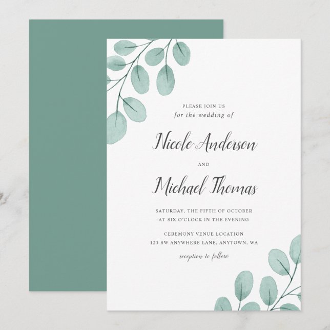Invitation Elégant Mariage Eucalyptus aquarelle (Devant / Derrière)