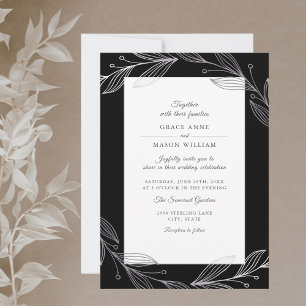 Invitation Élégant Mariage Feuille d'Argent Botanique Noir