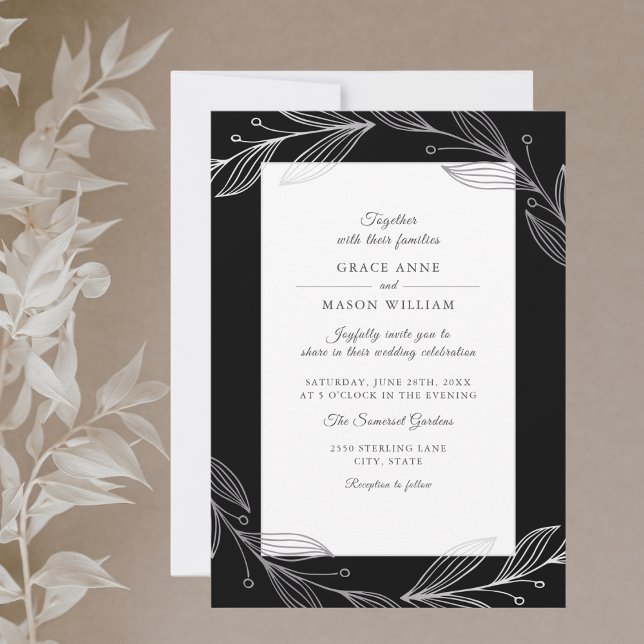 Invitation Élégant Mariage Feuille d'Argent Botanique Noir (Créateur téléchargé)