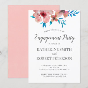 Invitation Elégant Mariage Fiançailles d'aquarelle Fleurs ros