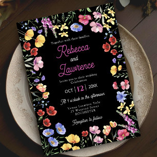 Invitation Élégant mariage fleur sauvage floral noir