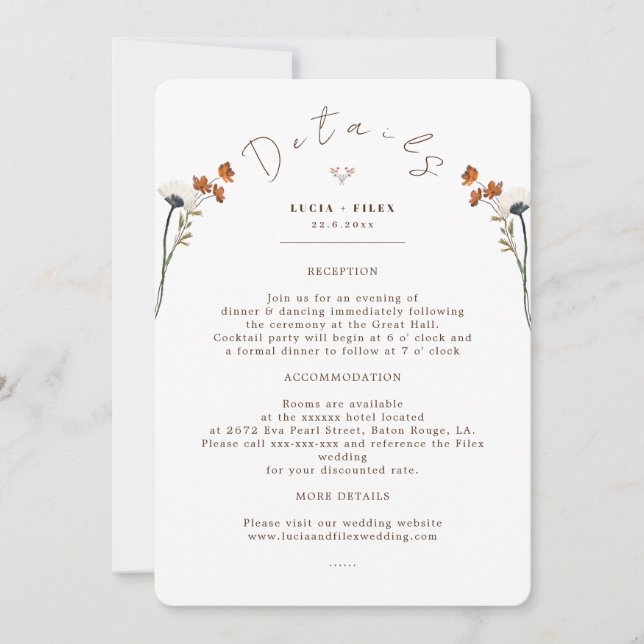 Invitation Elégant Mariage Fleur sauvage Infor Detail Card (Devant)