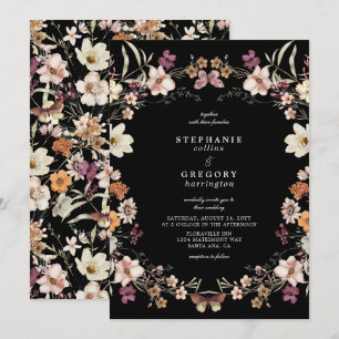 Invitation Élégant Mariage Fleur sauvage noir
