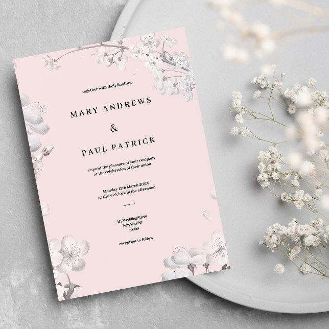 Invitation Élégant Mariage fleuri de cerisier blanc rose (Elegant white pink cherry blossom floral Wedding )