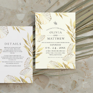 Invitation Élégant Mariage Flora Ivory Gold Leaf