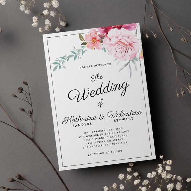 Invitation Élégant mariage floral à écriture de menthe rose (Elegant pink mint formal script floral wedding)