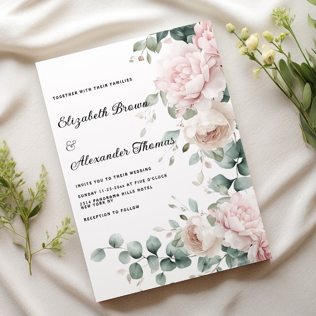 Invitation Élégant mariage floral à la menthe rose eucalyptus (Elegant pink mint eucalyptus peony floral Wedding)