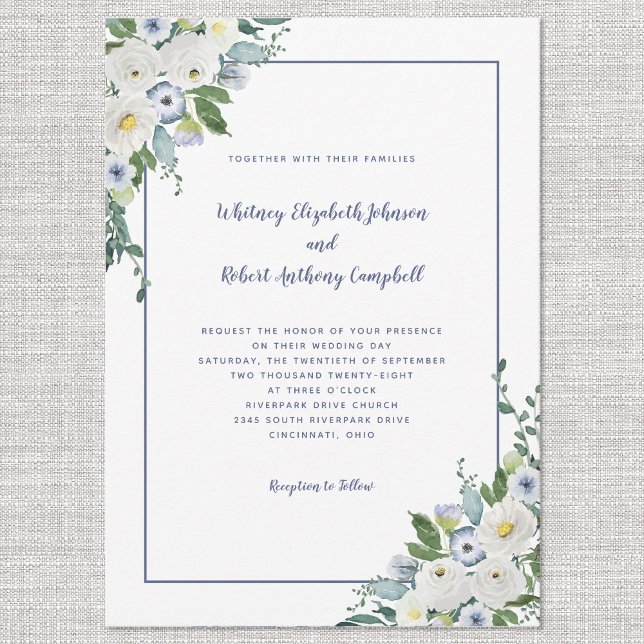 Invitation Elégant Mariage Floral Aquarelle Blanc Bleu Chic (Créateur téléchargé)
