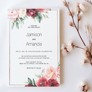 Invitation Élégant mariage floral aquarelle burgundy rose