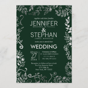 Invitation Élégant Mariage floral argenté vert de la forêt