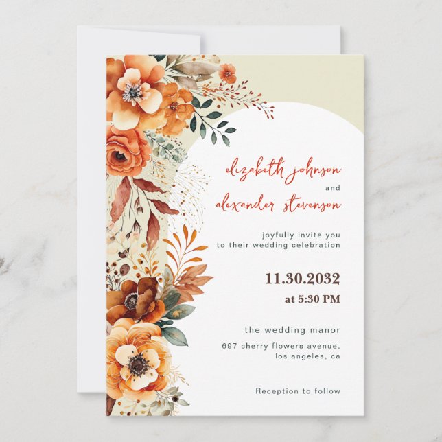Invitation Élégant mariage floral automnal 1 photo (Devant)