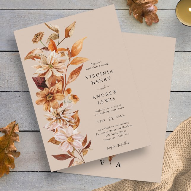 Invitation Élégant Mariage floral automne (Elegant Fall Leaves Floral Wedding Invitation Monogrammed by Painted Paperie
)
