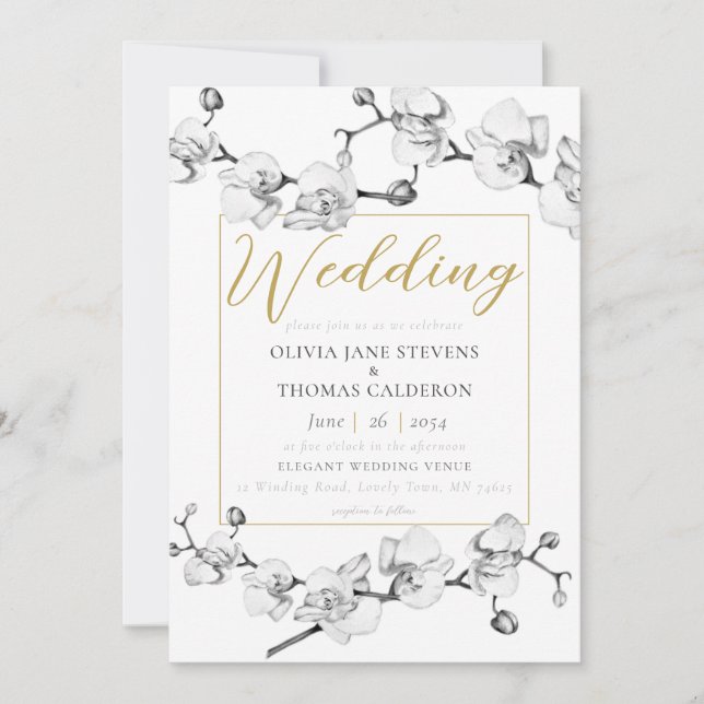 Invitation Élégant Mariage Floral Black White Gold moderne (Devant)