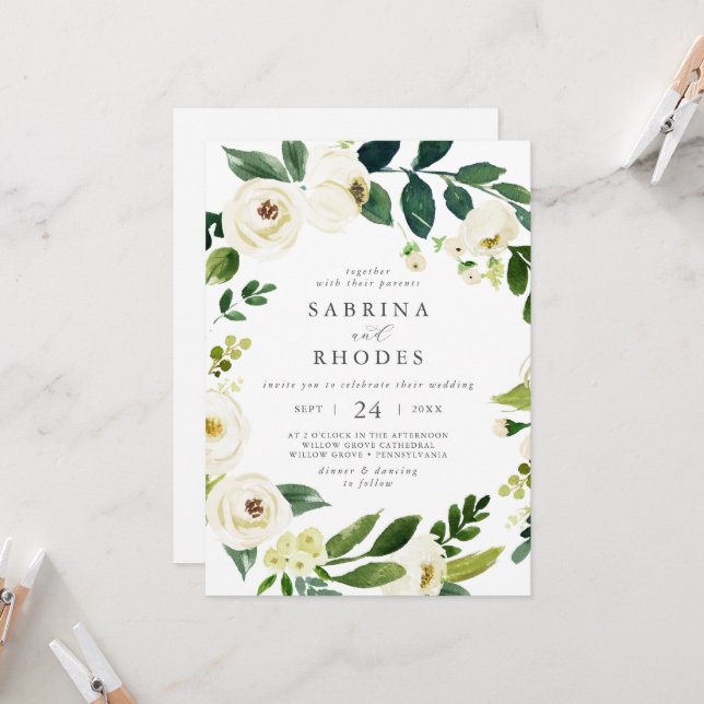 Invitation Élégant Mariage floral blanc avant et arrière (Devant/Arrière en situation)