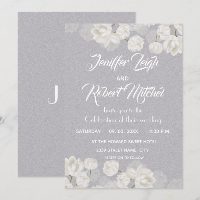 Invitation Élégant mariage floral blanc et argenté (Devant / Derrière)