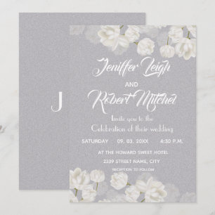 Invitation Élégant mariage floral blanc et argenté