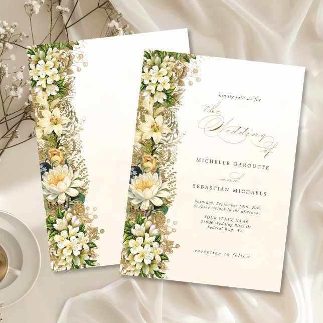 Invitation Élégant Mariage Floral Blanc Or (Elegant Gold White Floral Wedding Invitation)