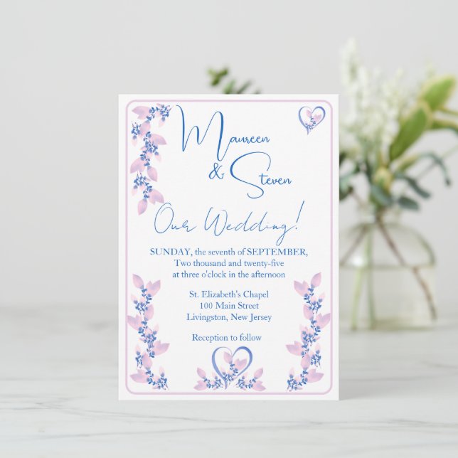 Invitation Élégant Mariage floral blanc, rose et bleu (Debout devant)