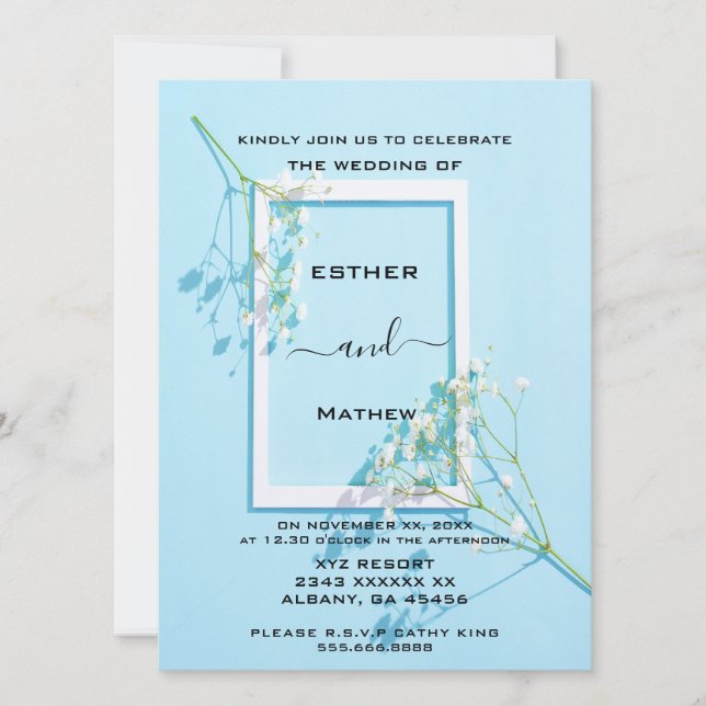 Invitation Élégant Mariage Floral Bleu (Devant)