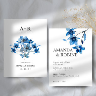 Invitation Élégant Mariage Floral Bleu
