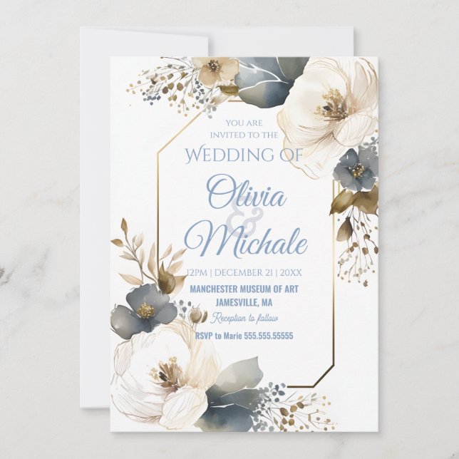 Invitation Elégant Mariage Floral Bleu Aquarelle Or Cadre (Devant)