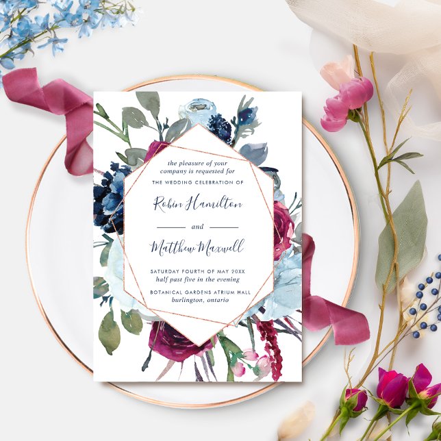 Invitation Elégant Mariage floral bleu Berries géométriques (Créateur téléchargé)