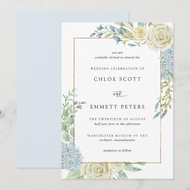 Invitation Élégant Mariage floral bleu blanc (Devant / Derrière)