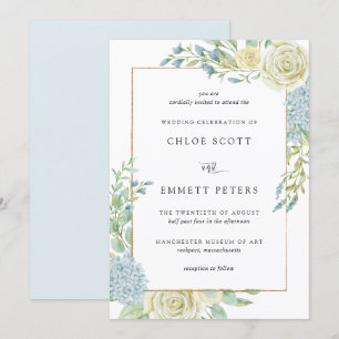 Invitation Élégant Mariage floral bleu blanc
