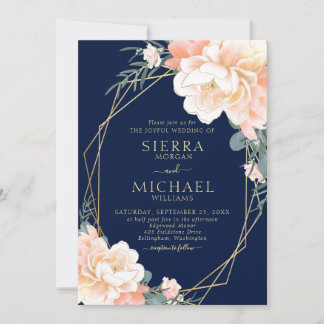 Invitation Élégant Mariage floral bleu bleu marine