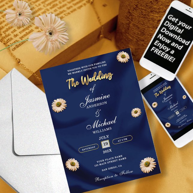 Invitation Elégant Mariage floral bleu bleu or ivoire beige m (Créateur téléchargé)