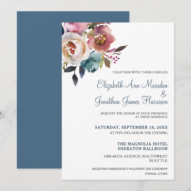 Invitation Elégant Mariage floral bleu bordeaux Dusty (Devant / Derrière)