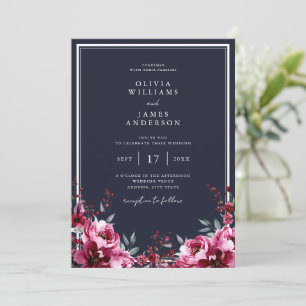 Invitation Elégant Mariage floral bleu Bourgogne