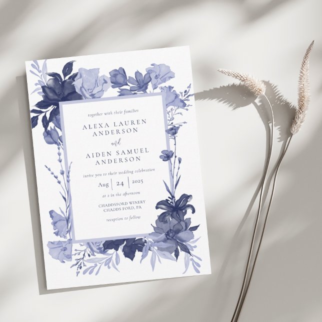 Invitation Élégant Mariage floral bleu chinois (Créateur téléchargé)