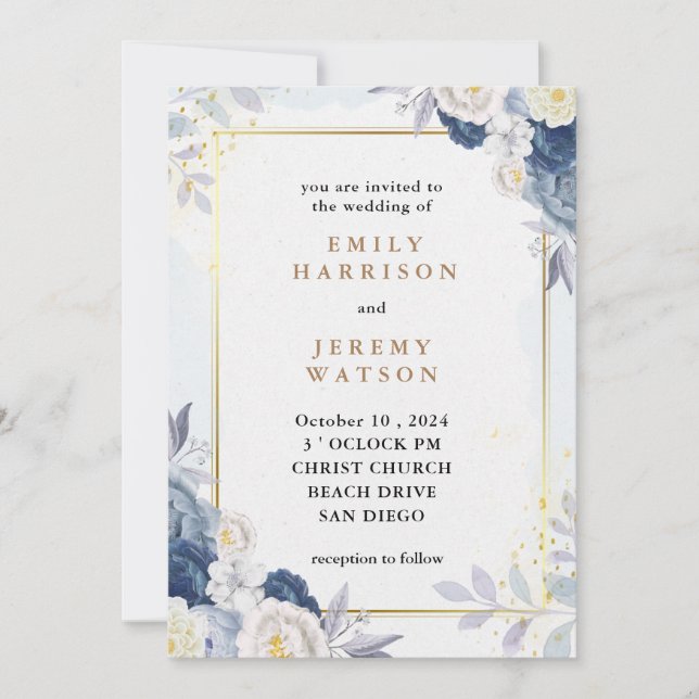 Invitation Élégant Mariage floral bleu clair (Devant)
