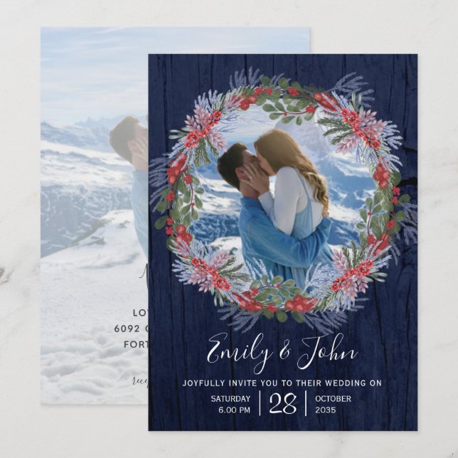 Invitation Élégant Mariage floral bleu d'hiver de la marine (Devant / Derrière)