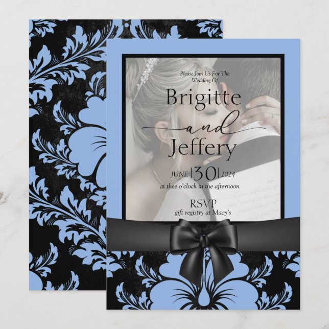 Invitation Elégant mariage floral bleu enregistrer la date (Devant / Derrière)