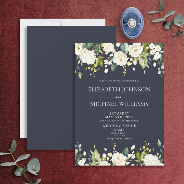 Invitation Elégant Mariage floral bleu et blanc (Créateur téléchargé)