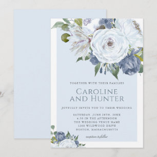 Invitation Elégant Mariage floral bleu et blanc aquarelle