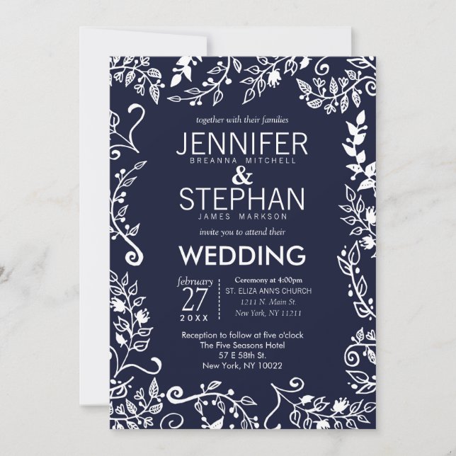 Invitation Elégant mariage floral bleu et blanc de la marine (Devant)