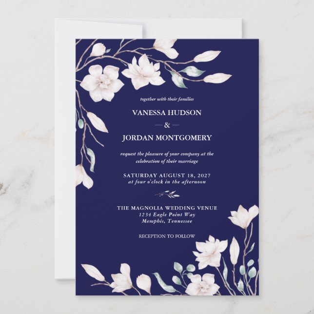 Invitation Élégant Mariage floral bleu et blanc Magnolia (Devant)